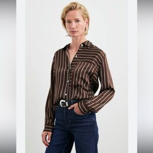 Revolve Rails Spencer Silk Brown Button Front Long Sleeve Top In Baltic Stripe